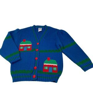 Vintage Ruth Scharf Cardigan Sweater Medium Blue Red Green Cottage Button Up USA